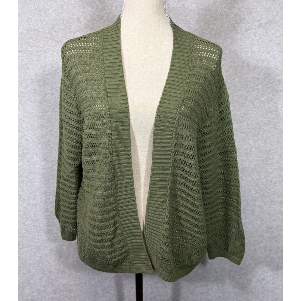 Cardigan Light Weight Open Knit Crochet Womens 1X Nina Leonard Dark Green